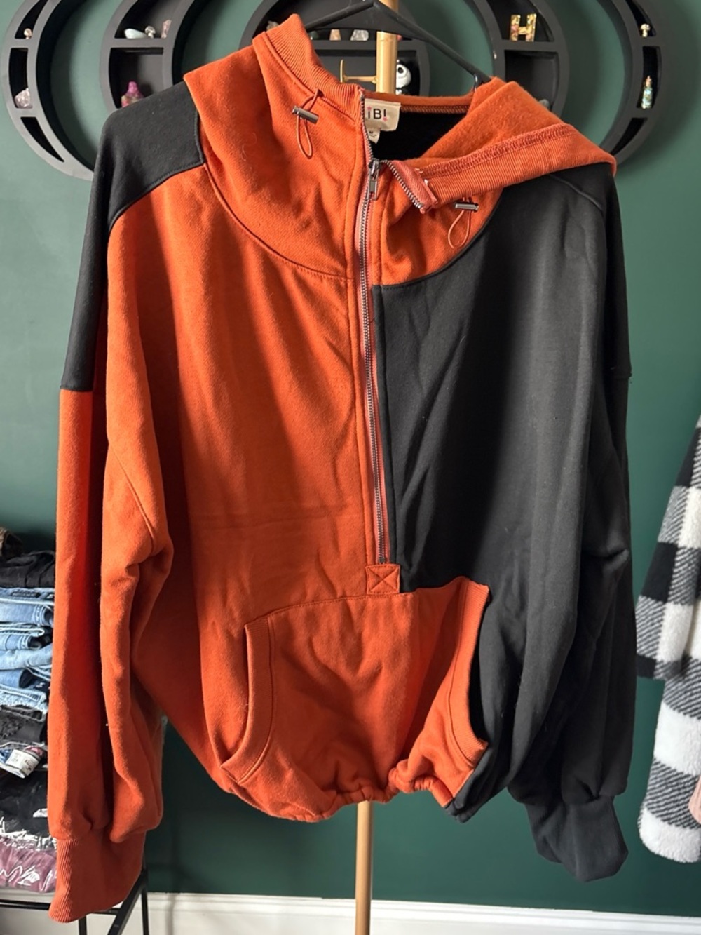 BiBi Orange and Black Colorblock Zip-Up Hoodie
